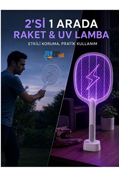 FLYONLOOK Şarjlı Sinek ve Sivrisinek Öldürücü Raket, 2’si 1 Arada UV Mor Işık...