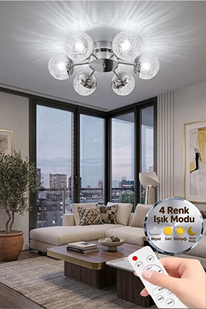 Lumia Lighting Küre Model Gümüş 6"lı Kumandalı Ledli 3 Renk Modu Kristal Salo...