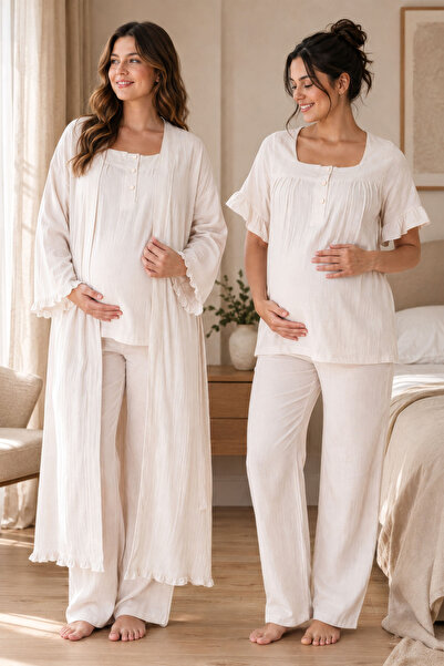 ByLohusa Muslin Fabric Dressing Gown Maternity Nursing Pajama Set Effortt - S...