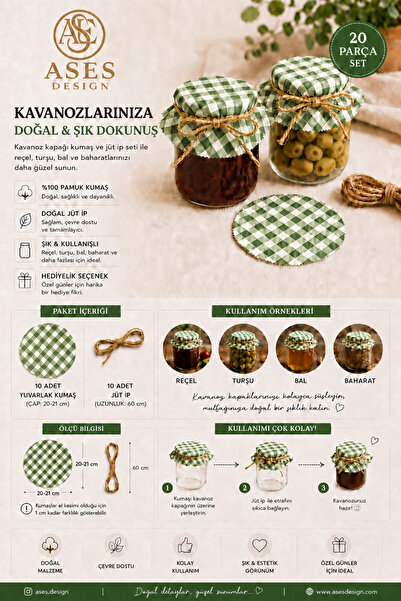 Ases Design Green Gingham Jar Lid Decoration Set 20 Pieces – 10 Fabrics 10 Ju...