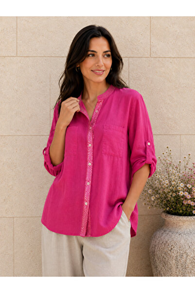 AGORATEKSTİL Women's Original Italian Raw Linen Sequined Lace Back Shirt 44-48