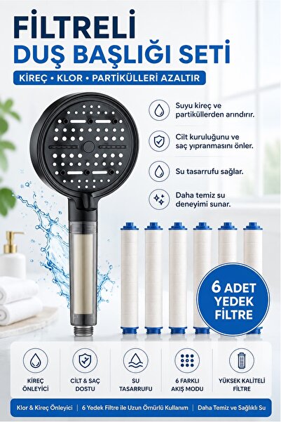Kitchen Beauty Filtreli Duş Başlığı | 6 Adet Yedek Filtre | Kireç Önleyici | ...