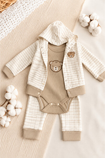 İZYALİF BABY Baby Boy 3-Piece Cardigan and Teddy Bear Set Cotton Long Sleeve