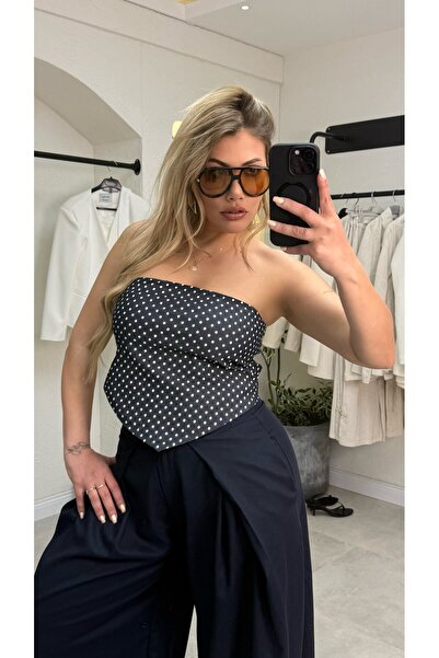 liya butik Lacivert Puantiyeli Straplez Bluz