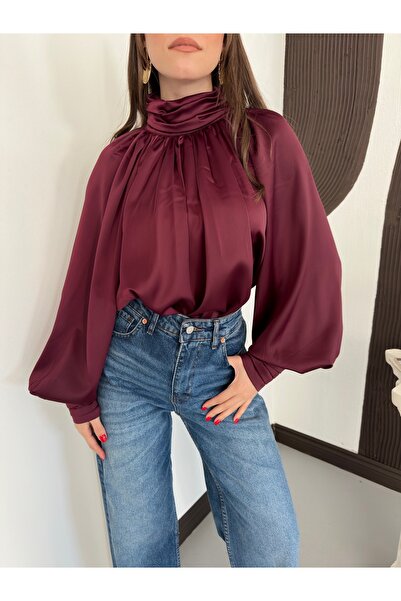 Ekim Store Σατέν Πλισέ Μπλούζα με Μανίκια Νυχτερίδας σε Χαλαρή Γραμμή