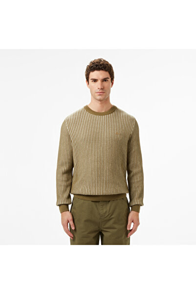 Lacoste Erkek Classic Fit Bisiklet Yaka Desenli Haki Kazak