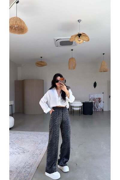 Buket Teke Μαύρο Σατέν Παντελόνι με Λεοπάρ Σχέδιο