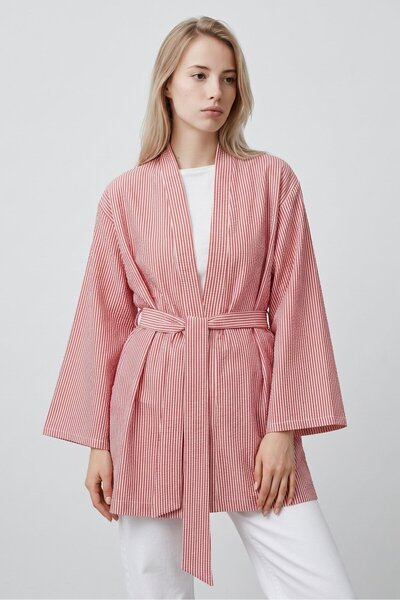 Saade Kırmızı Kadın Dikey Çizgili Geniş Kollu Şık Yazlık Relaxed Kimono