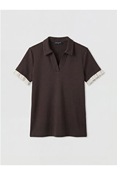 LC Waikiki New Season Brown Polo Collar Ruffled Soft Touch Women's T-Shirt