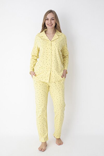 SENFONİ Sarı Çiçek Desenli Önden Düğmeli Gömlek Yaka %100 Pamuk Pijama Takımı...