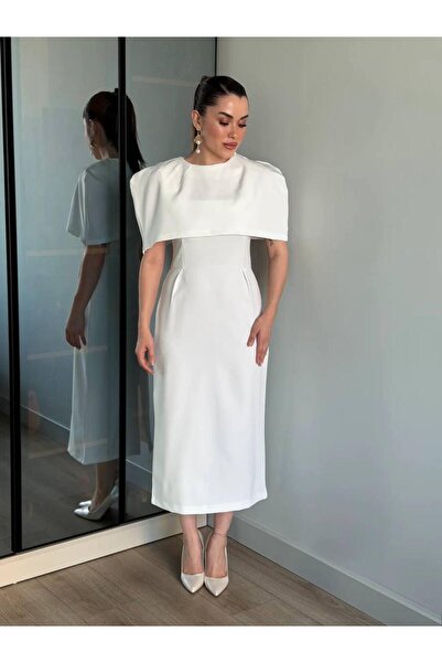 maf collection Γυναικείο Λευκό Βραδινό Φόρεμα με Σχιστό Πίσω Μέρος και Κάπα