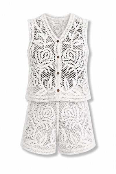 5in1Canpolat White Lace Vest Shorts Set 39795