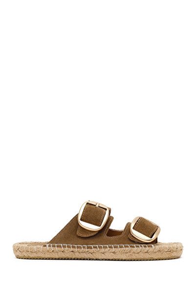 Derimod Women's Tan Buckle Suede Leather Espadrille Slippers 26Sfd205310