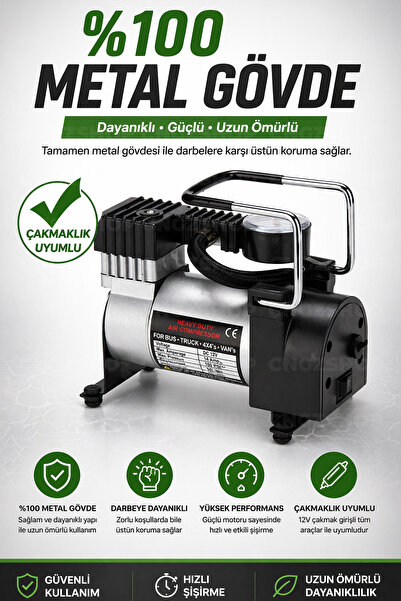 CNGZSHOP Araç Oto Hava Kompresörü | Metal Gövdeli Profesyonel 12V Taşınabilir Hava Pompası