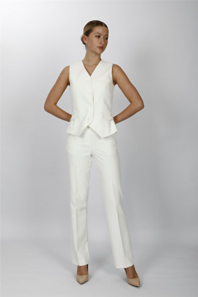 ÖNDER ÖZSOY V-Neck Decorated Buttoned Vest Suit 1530505-White - 1530505