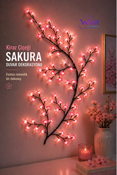 RMSGRUP Kiraz Çiçeği Sakura LED Duvar Dekoru – 144 LED Ağaç Dalı Işık, 8 Mod, Kumandalı