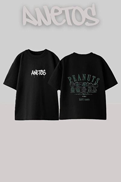 Anetos Μπλουζάκι Peanuts Gang με στάμπα στην πλάτη, βαμβακερό, μαύρο, oversized