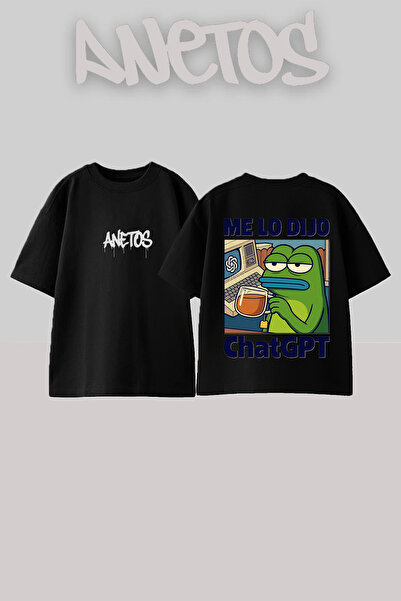 Anetos Μπλουζάκι Pepe Chatgpt με στάμπα στην πλάτη, βαμβακερό μαύρο oversize