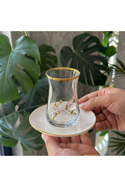alfafe home 6-Person Gold Detailed Glass Tea Cup and Porcelain Plate Set with Luxurious Design Presentation Box