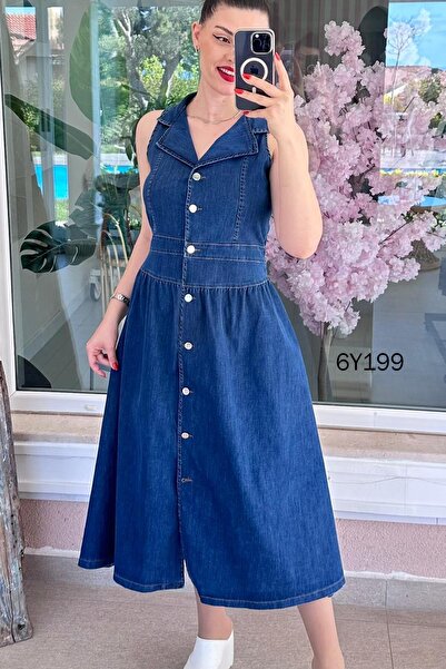 İnce Topuk Polo Yaka Metal Düğmeli Kot Elbise 6y199