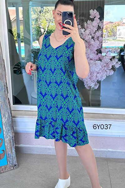 İnce Topuk Φόρεμα βισκόζης με λαιμόκοψη V και μηδενικά μανίκια 6y037