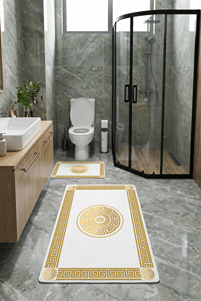 Greek Desenli Lüks 2'li Banyo Paspas Takımı Kaymaz Taban Makinede Yıkanabilir 2'li Set