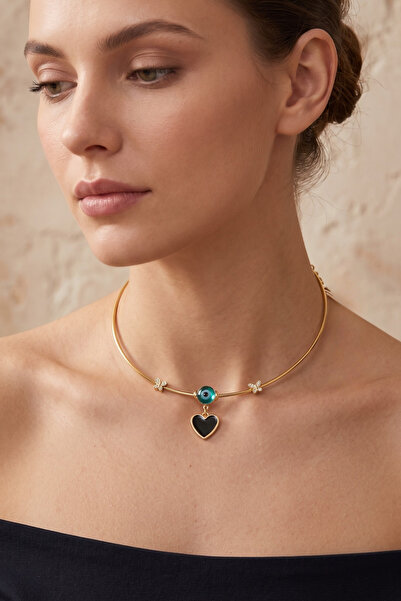 BLACK HEART EVIL EYE LEASH CHOKER NECKLACE
