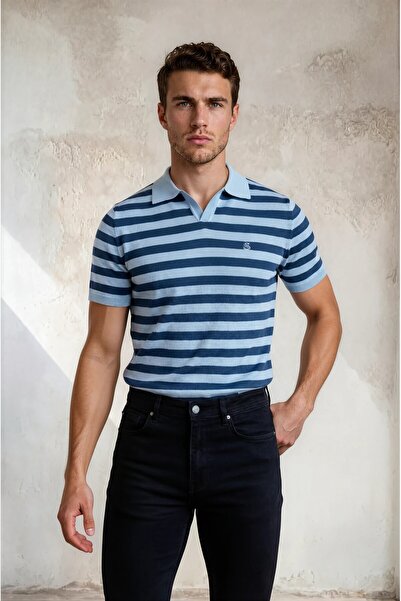 Sea Style Striped Polo Collar Men's Knitwear T-Shirt Fit Cut Summer Knit T-Shirt