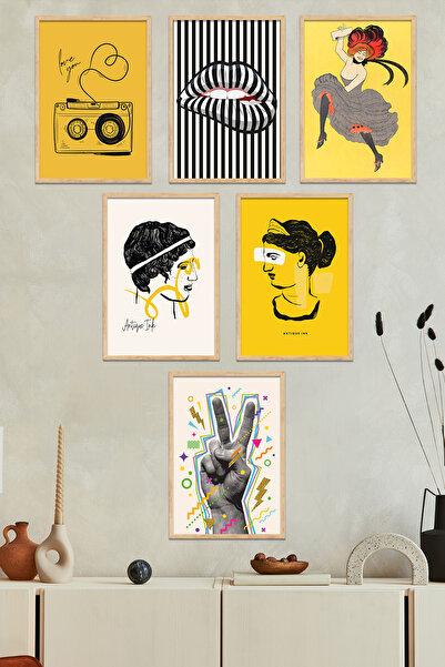 Evinemoda 6 τεμάχια ζωγραφικής με ξύλινο πλαίσιο σε κίτρινο και μαύρο θέμα