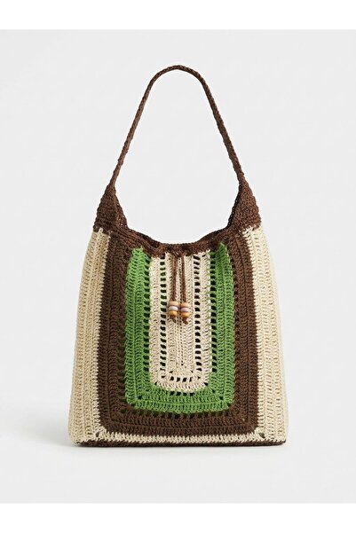 Enie Γυναικεία πράσινο-καφέ πλεκτή χειροποίητη τσάντα παραλίας και ώμου-χωρίς...