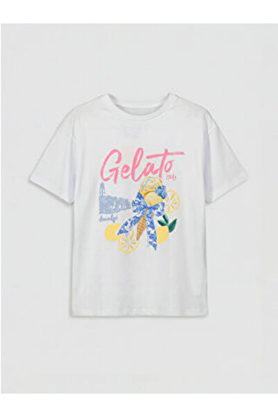 LC Waikiki New Season White Crew Neck Printed Girls' T-Shirt