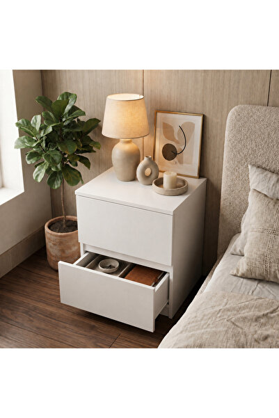 Just Wood Mobilya KM250B Beyaz Komodin 2 Çekmeceli Modern Başucu Sehpası 40x4...