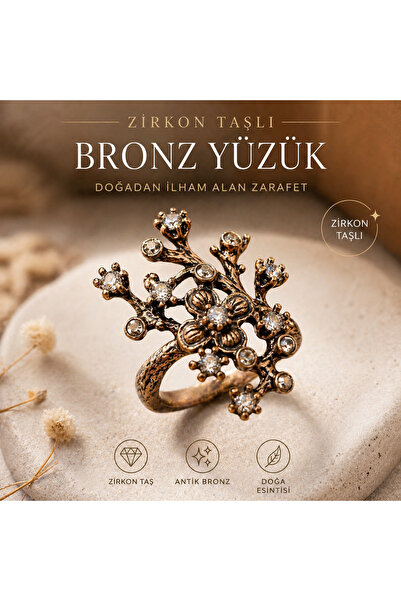 BULU'US ACCESSORIES Zirkon Taşlı Antik Bronz Çiçek & Dal Tasarım Yüzük – Doğa...