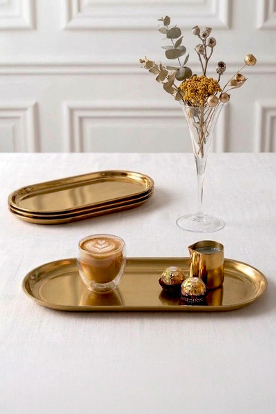 Kitchen Life Set of 4 Large Oval Gold Presentation Plates 30.5 cm