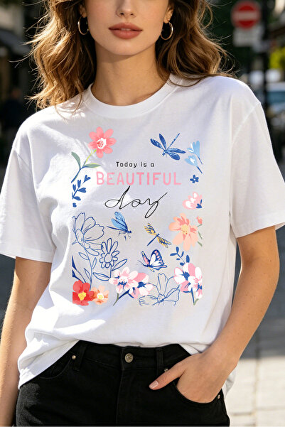 Fleck Womens T Shirts Floral And Butterfly Print Beautiful Day Design Casual ...
