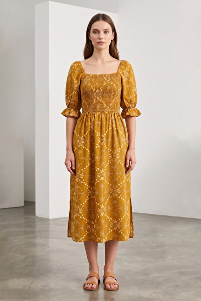 LAbute Square Neck Ribbed Detailed Slit Viscose Midi Dress