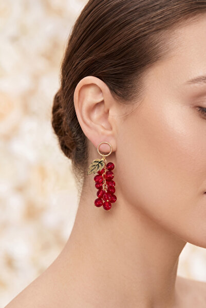 PETEK AKSESUAR Ring Leaf Red Cluster Earrings 6.5 Cm.