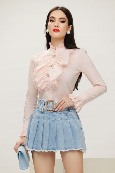 Fofy Premium pink women's shirt with elaborate lace-trimmed frill and rhinest...