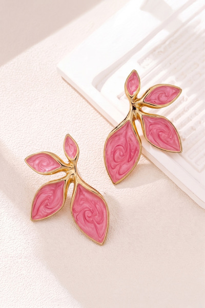 Glaren Pembe Mineli Yaprak Altın Renk Kadın Küpe