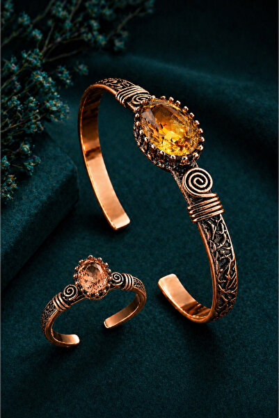 İyyaKee Kadın Zultanit Taşlı Bakır Bileklik Yüzük Seti Antik Desenli Ayarlana...