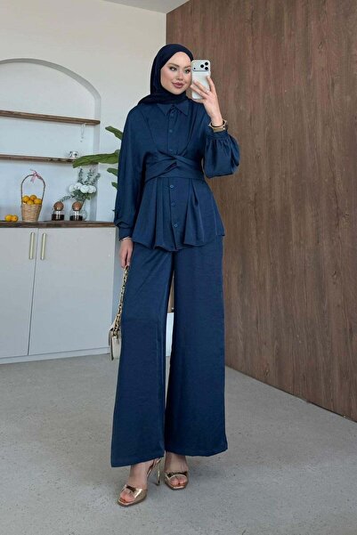 Hazamoda Cleopatra Satin Suit Navy Blue