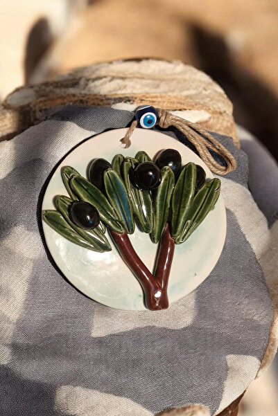 Revard Home Nazar Boncuklu Doğal Zeytin Ağaçlı Beyaz Seramik El Yapımı Dekoratif Duvar Süsü Eşyası 14X14 CM