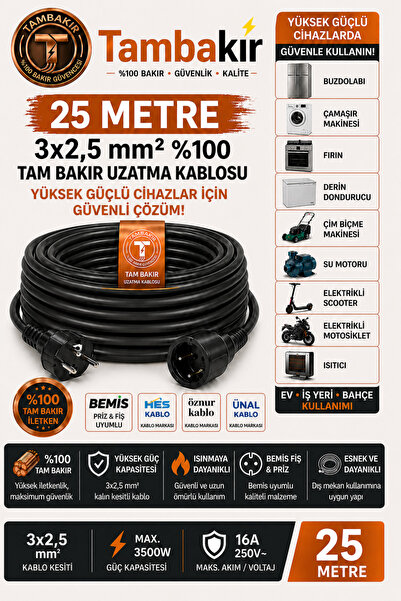 inwatt 25 Metre - 3x2,5 mm %100 Tam Bakır Uzatma Kablosu | Tekli Kauçuk Fiş |...