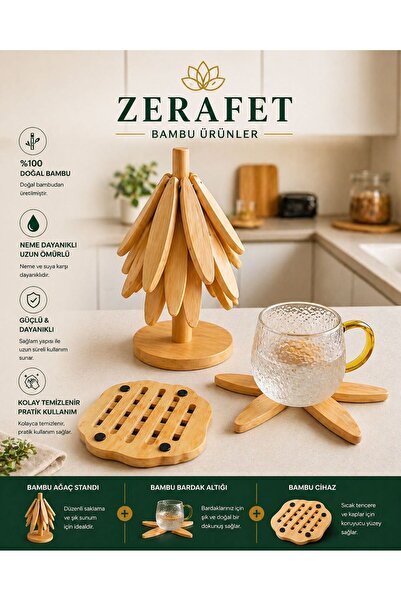 ZERAFET 3'lü Standlı Bambu Nihale Seti, Isıya Dayanıklı Bardak ve Tencere Alt...