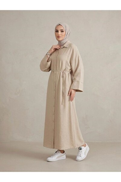 Lunsera Store فستان بتفاصيل روبا أمامية وأكمام مزينة - حجري