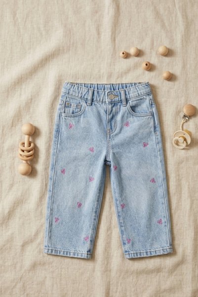 BABYİLAY Girl's Bow Embroidered Balloon Fit Jeans - Elastic Waist Jeans
