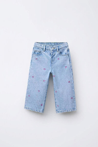 BABYİLAY Girl's Bow Embroidered Balloon Fit Jeans - Elastic Waist Jeans