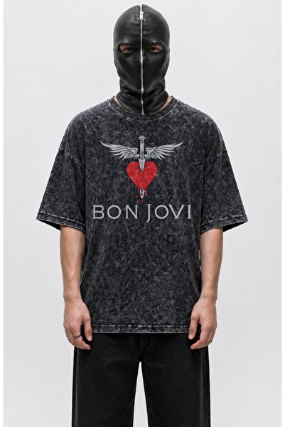 Fuddy Moda Tricou unisex cu imprimeu Bon Jovi, lavabil, tricou retro cu temat...