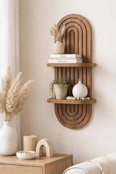 Artavessa Dekoratif MDF Duvar Rafı Çam Rengi - Bohem Oval Tasarım Modern Kita...
