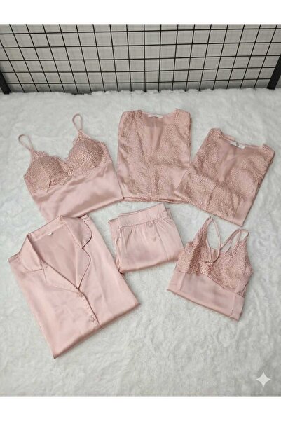 Efsane Saten Gecelik Sabahlık Pijama Takım Şort Takım 6'lı Gelin Çeyiz Seti